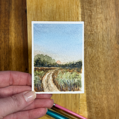 ACEO Watercolor, Landscape, Original, Road, Country, “Sunset Road”, 3.5x2.5in, By Lark Watercolor aceo art card thumbnail 2