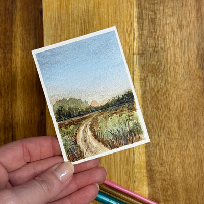 ACEO Watercolor, Landscape, Original, Road, Country, “Sunset Road”, 3.5x2.5in, By Lark Watercolor aceo art card thumbnail 3