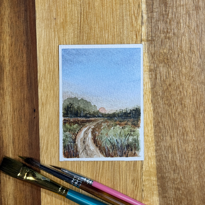 ACEO Watercolor, Landscape, Original, Road, Country, “Sunset Road”, 3.5x2.5in, By Lark Watercolor aceo art card thumbnail 4