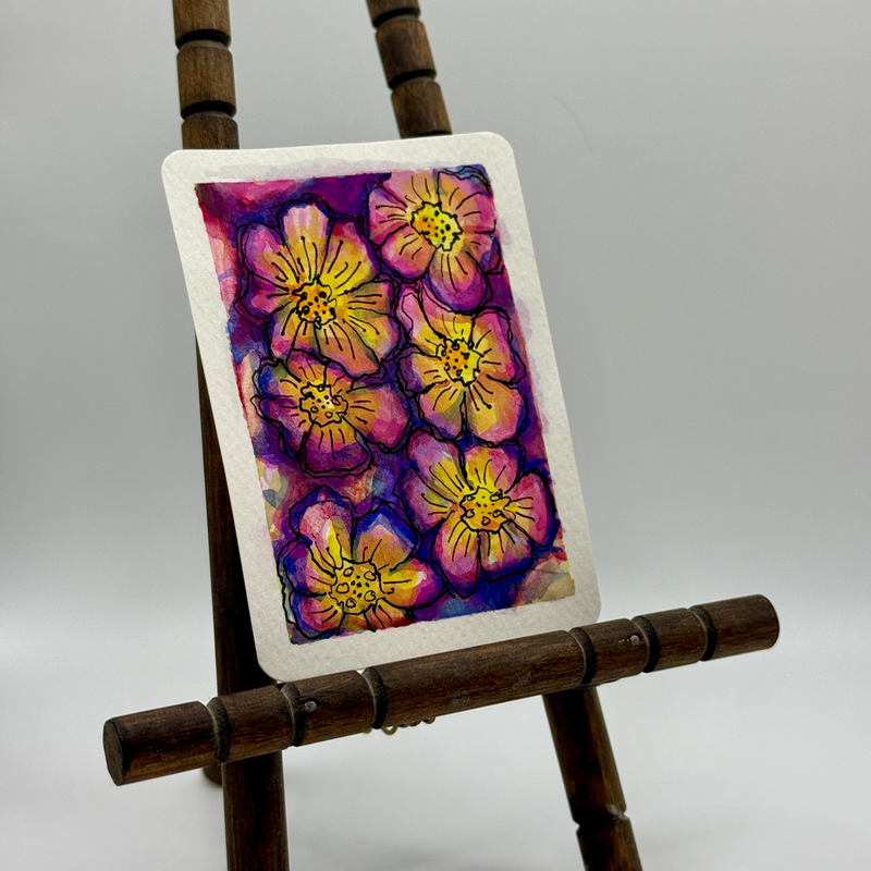 Pink, Purple, and Yellow Flowers aceo art card