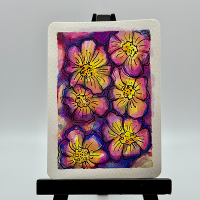 Pink, Purple, and Yellow Flowers aceo art card thumbnail 2