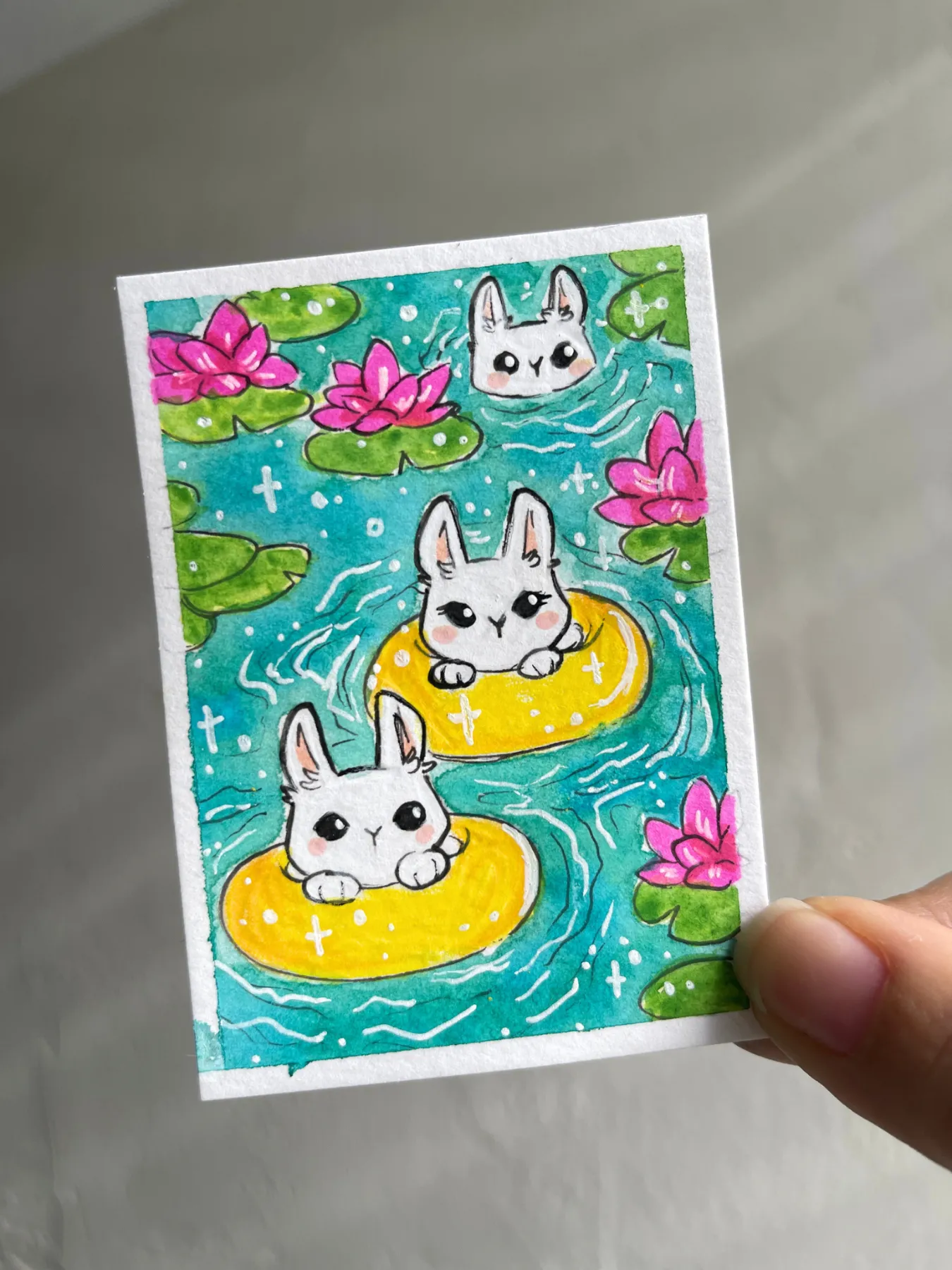Bunnies in the Pond aceo art card