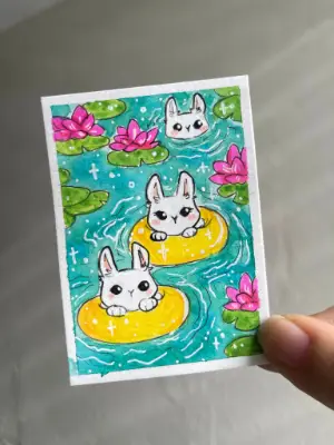 Bunnies in the Pond aceo art card thumbnail 1