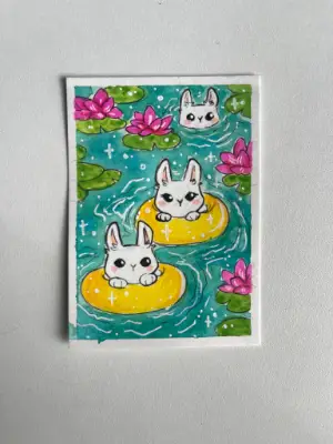 Bunnies in the Pond aceo art card thumbnail 2