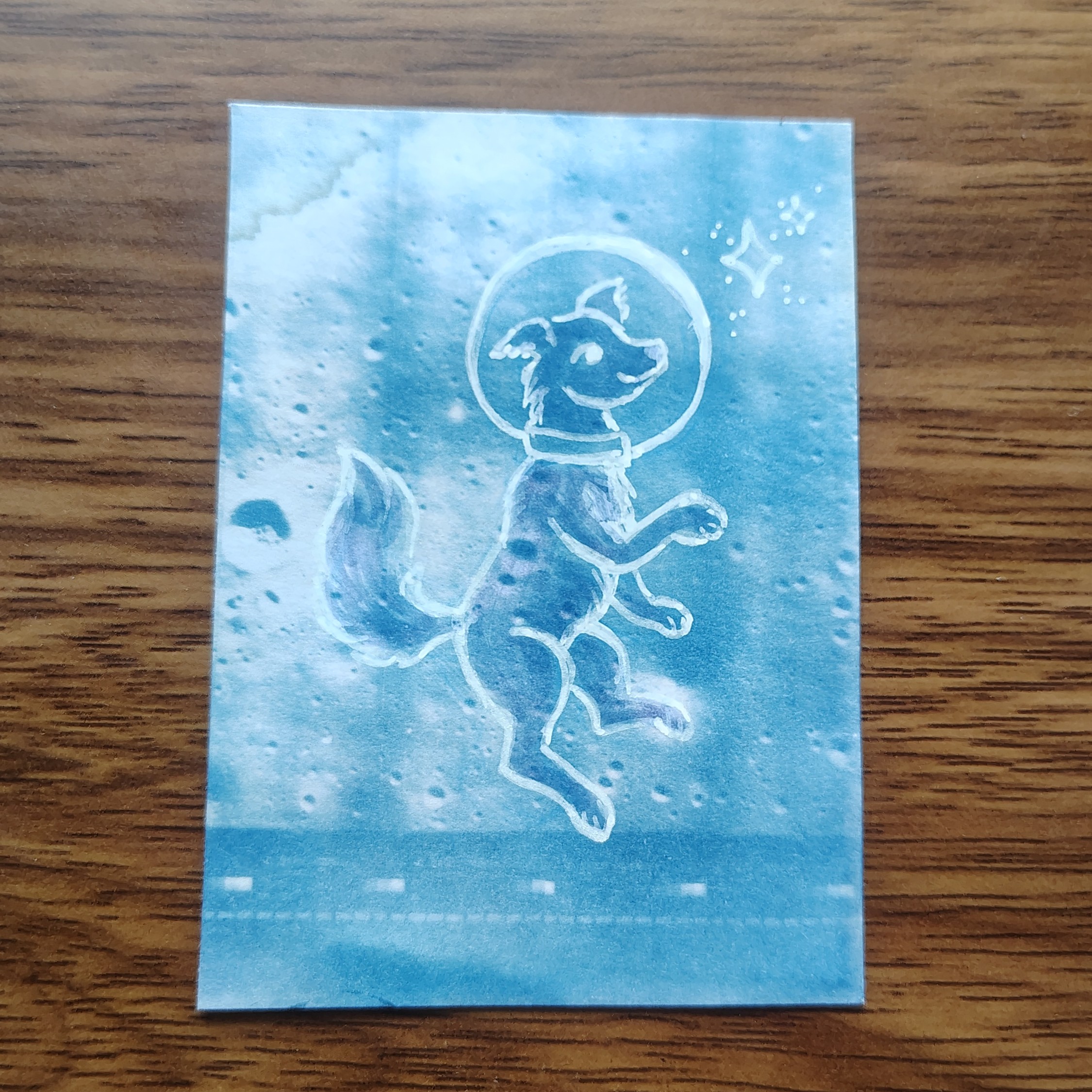 Laika, Dog Among the Stars, lunar cyanotype mixed media aceo art card