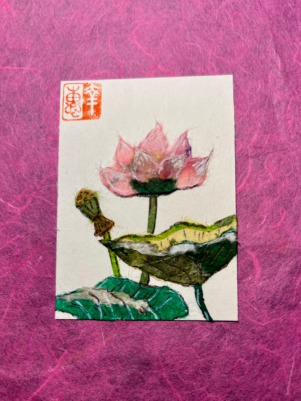 Pink water lily- Japanese Washi art aceo art card