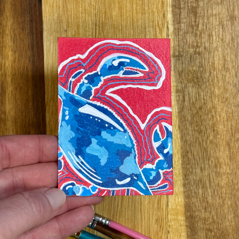 ACEO Original, Crab, Seafood, Louisiana, Acrylic, Abstract, By Lark Watercolor and Art aceo art card