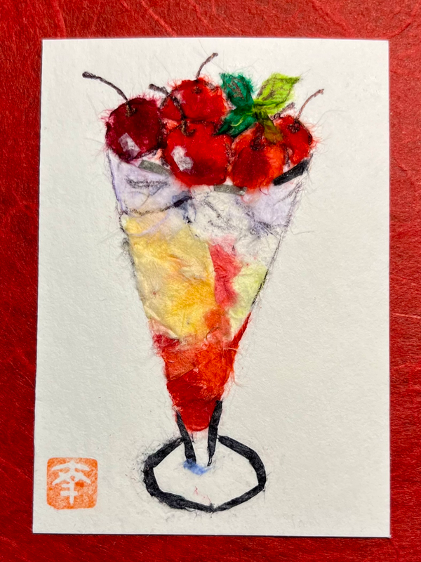 Japanese Washi art - Cherry parfait aceo art card