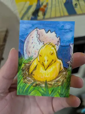 Cute baby chocobo gold chick hatched from egg | Final Fantasy fan art aceo art card thumbnail 2