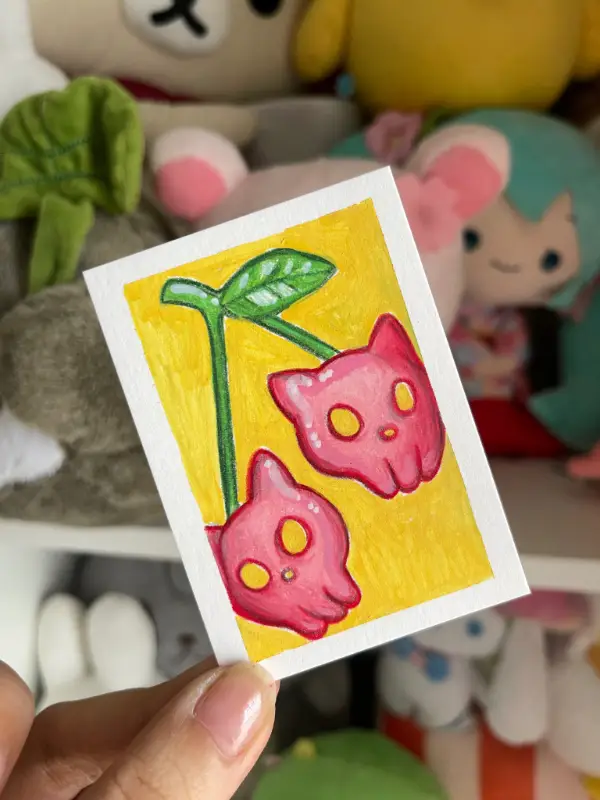 Cat Skull Cherries aceo art card