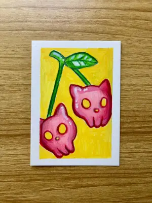 Cat Skull Cherries aceo art card thumbnail 2