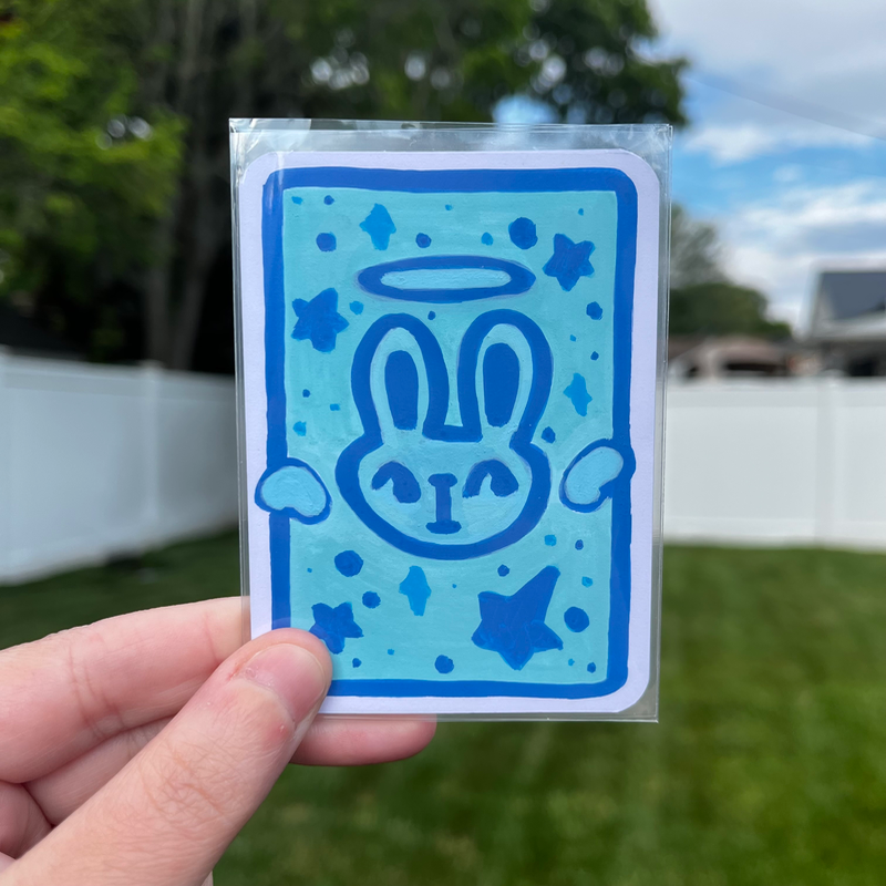 original aceo angel bun bunny rabbit blue monochromatic aceo art card