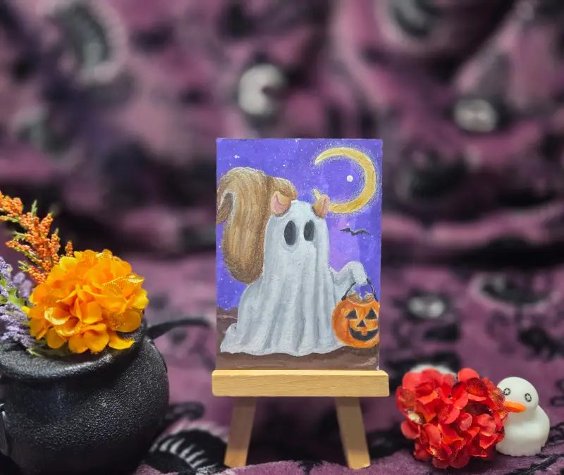 Critter Treats Series Part 5 of 9, Halloween Spooky Cute Squirrel Ghost aceo art card