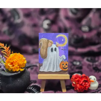 Critter Treats Series Part 5 of 9, Halloween Spooky Cute Squirrel Ghost aceo art card thumbnail 1