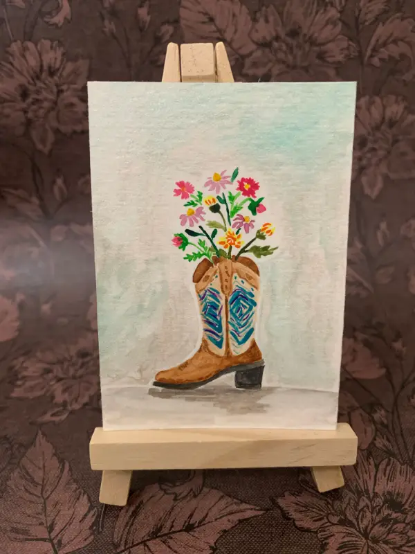 Glitter, flowers, and boots- Oh my! aceo art card
