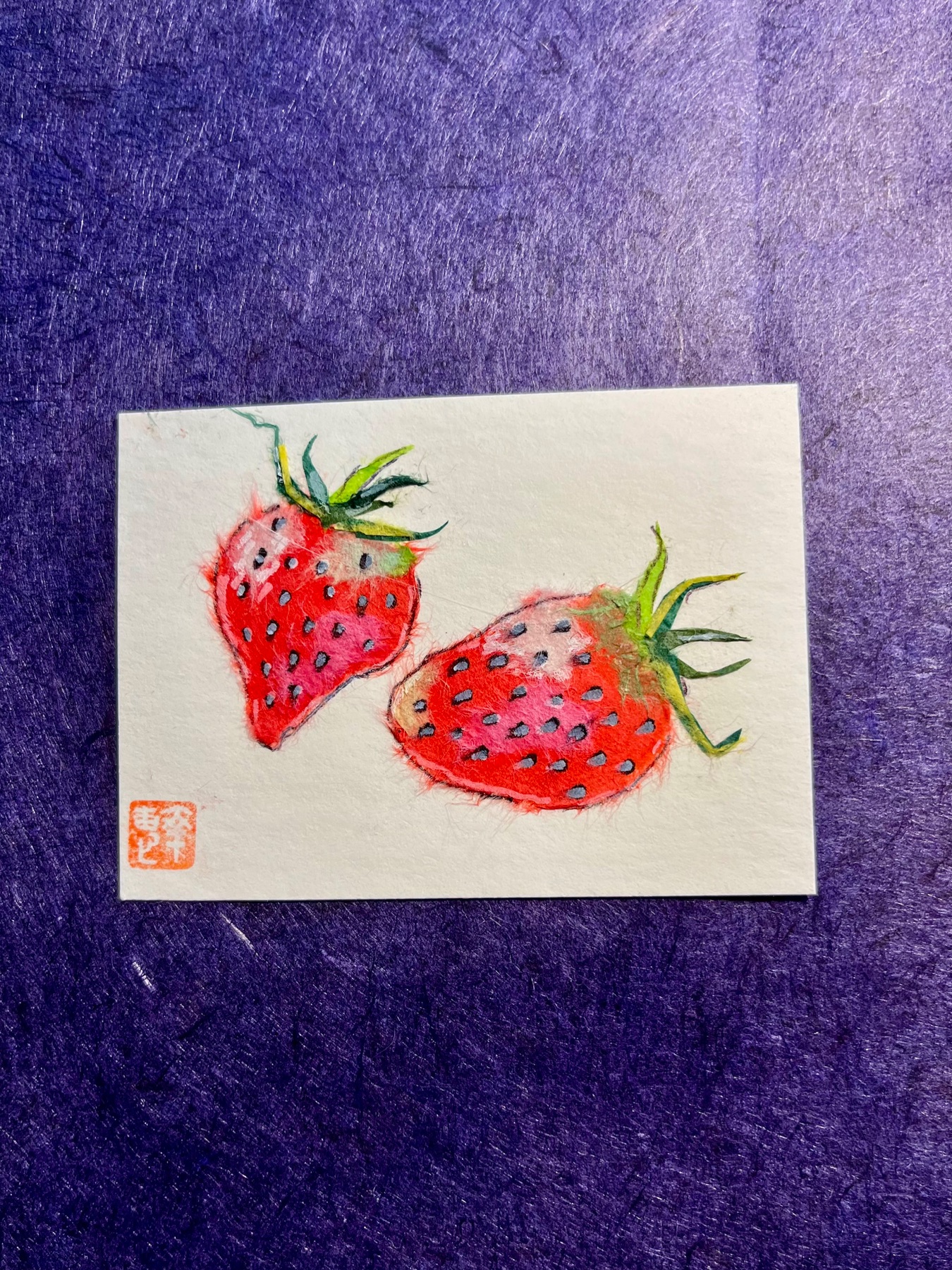 Japanese Washi art - strawberries (Ichigo) aceo art card