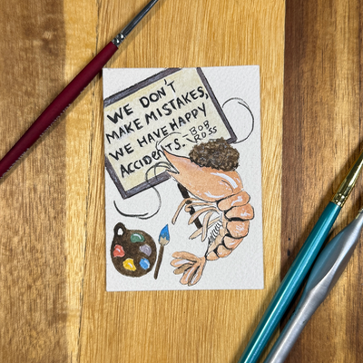 ACEO original, Shrimp, seafood, Bob Ross, Painter, watercolor, By Lark Watercolor and Art aceo art card thumbnail 3