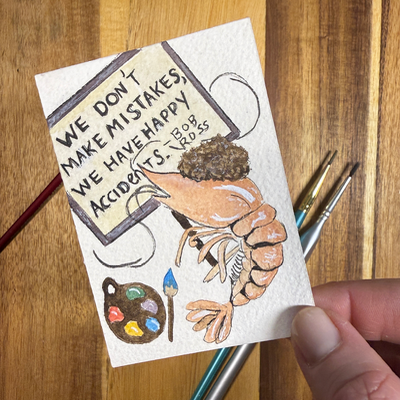 ACEO original, Shrimp, seafood, Bob Ross, Painter, watercolor, By Lark Watercolor and Art aceo art card thumbnail 4