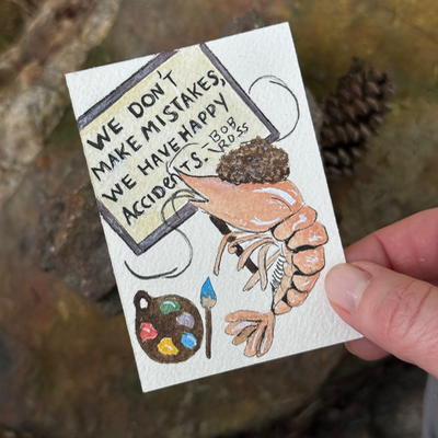 ACEO original, Shrimp, seafood, Bob Ross, Painter, watercolor, By Lark Watercolor and Art aceo art card thumbnail 2