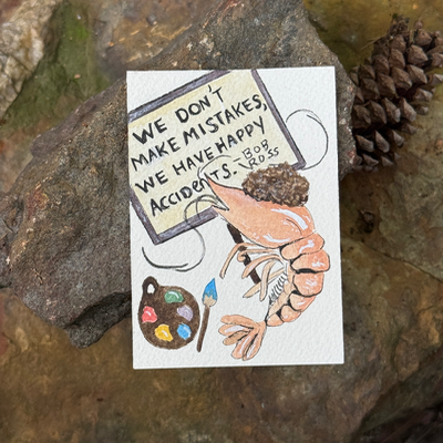 ACEO original, Shrimp, seafood, Bob Ross, Painter, watercolor, By Lark Watercolor and Art aceo art card thumbnail 1