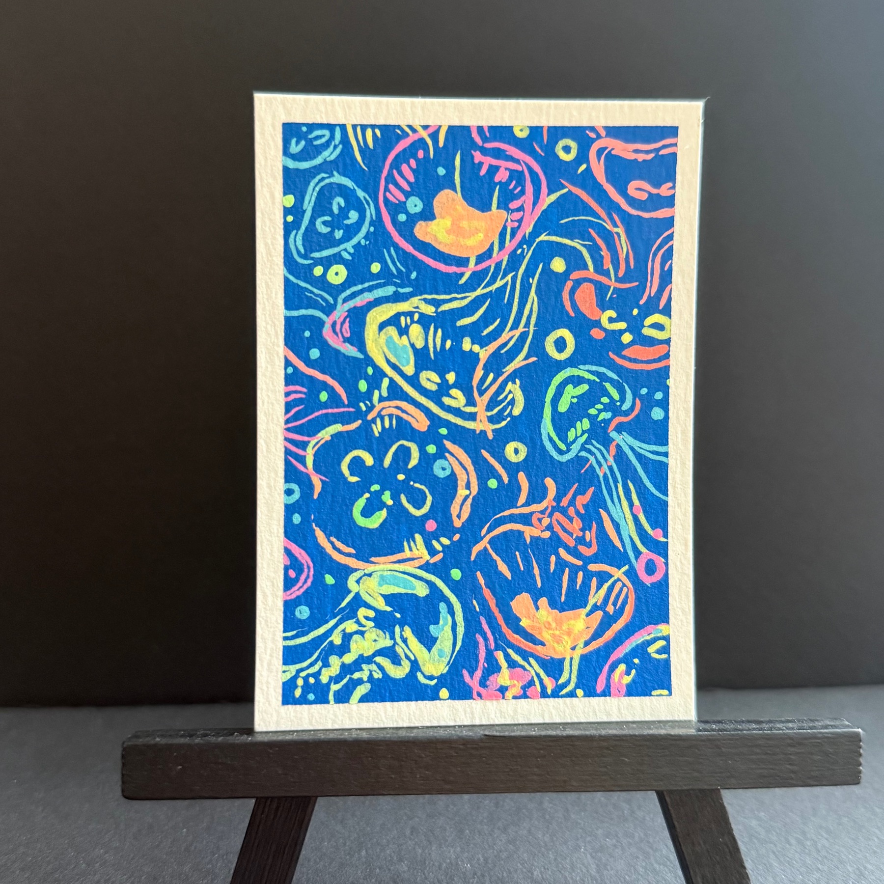 neon moon jellies aceo art card