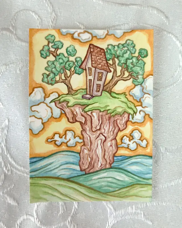 Original ACEO: Watercolor Fantasy Landscape, Sunset Cliff House in Calm Ocean aceo art card