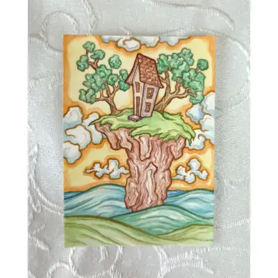 Original ACEO: Watercolor Fantasy Landscape, Sunset Cliff House in Calm Ocean aceo art card thumbnail 1