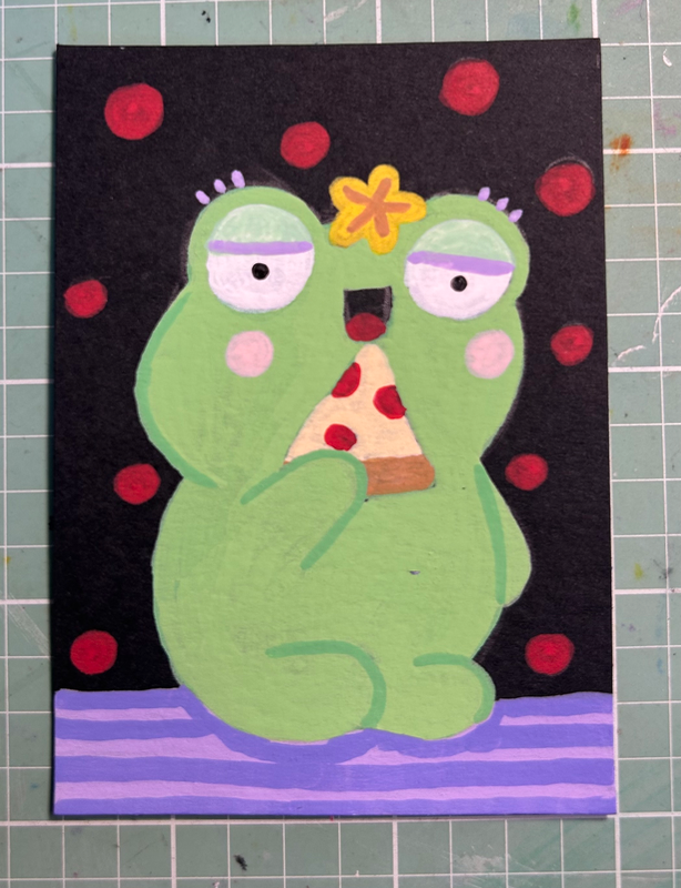 Frog eating pizza aceo art card