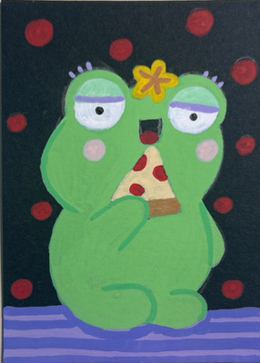 Frog eating pizza aceo art card thumbnail 2
