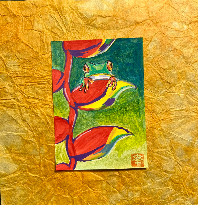 Frog in tropical aceo art card