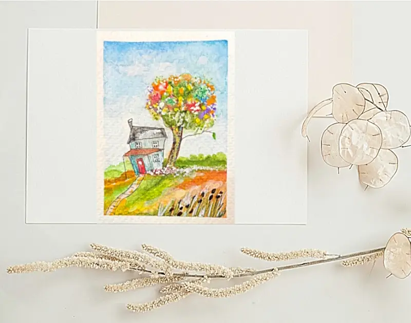 "Crooked Little House" original watercolor ACEO SRA OOAK Fine Art by Edie landscape whimsical tree aceo art card