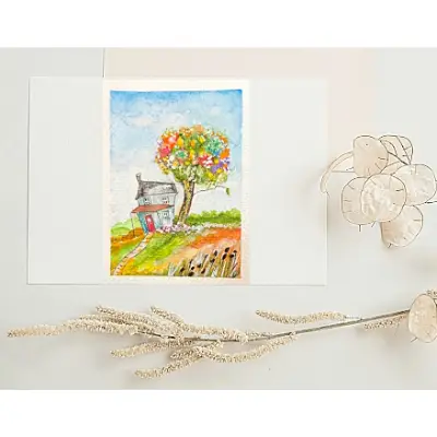 "Crooked Little House" original watercolor ACEO SRA OOAK Fine Art by Edie landscape whimsical tree aceo art card thumbnail 1