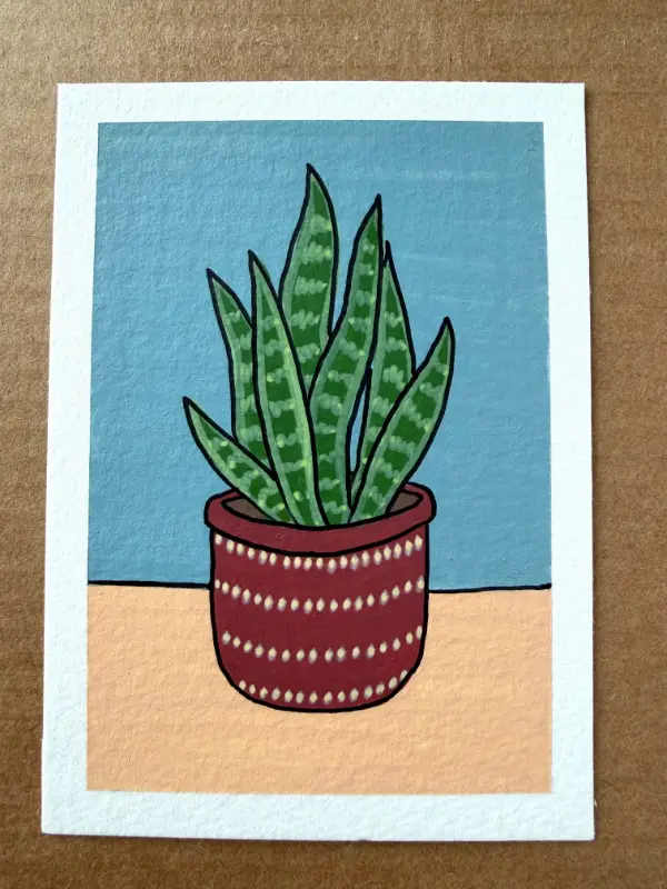 Snake Plant 1 in Pot on Blue Background by KPT, Acrylic Marker and Ink aceo art card