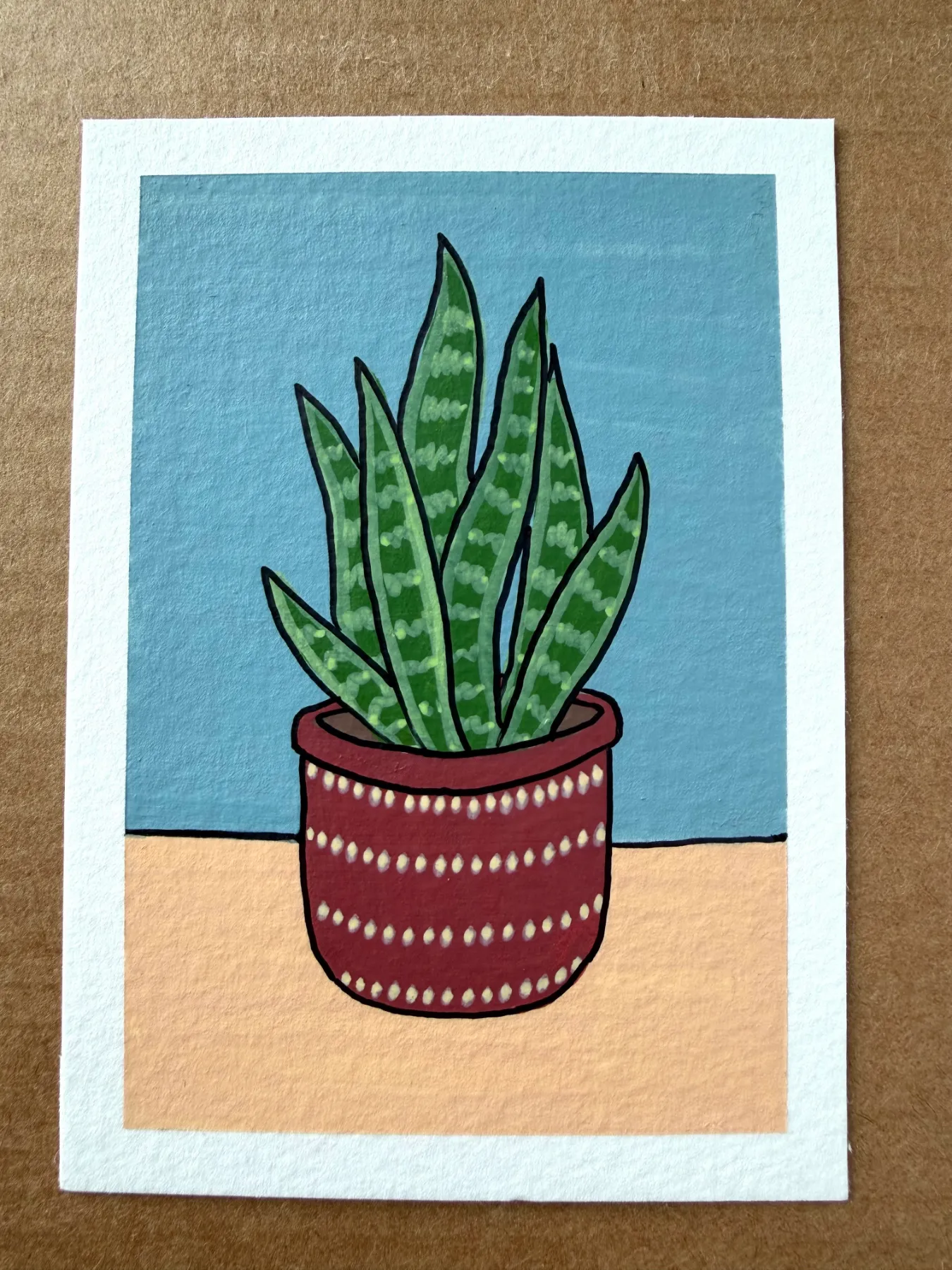 Snake Plant 1 in Pot on Blue Background by KPT, Acrylic Marker and Ink aceo art card