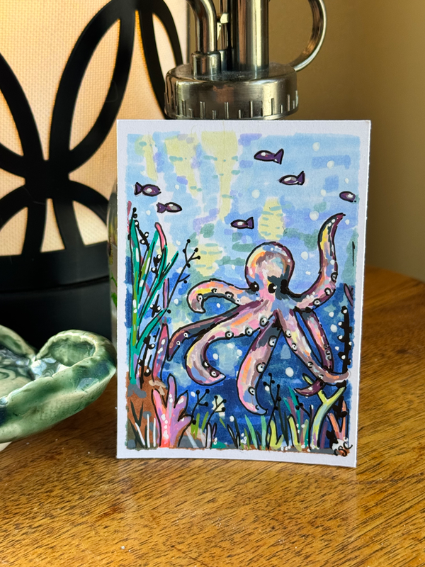 Octopus Under the sea painting aceo art card