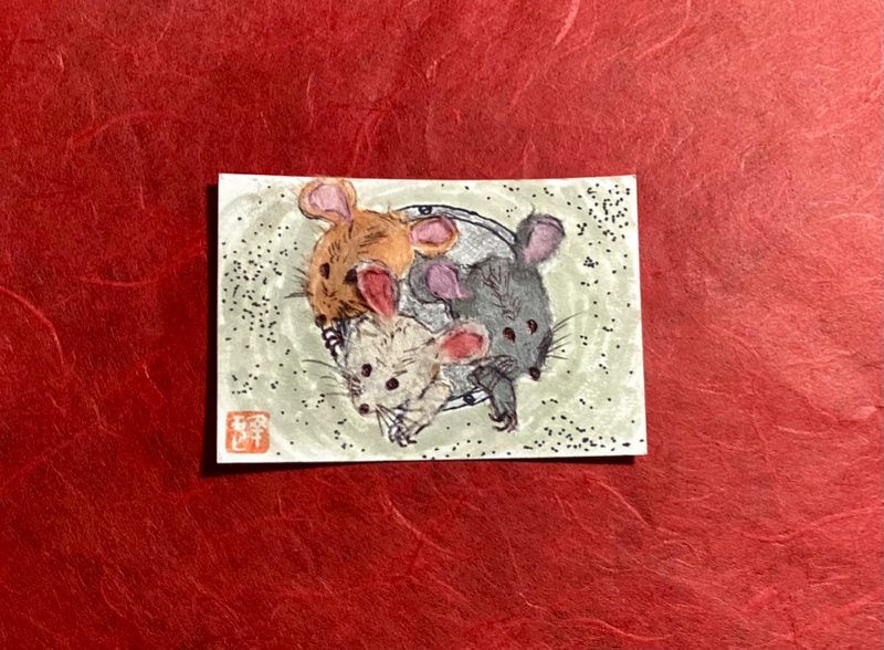 Japanese washi art - who’s gonna go first? aceo art card
