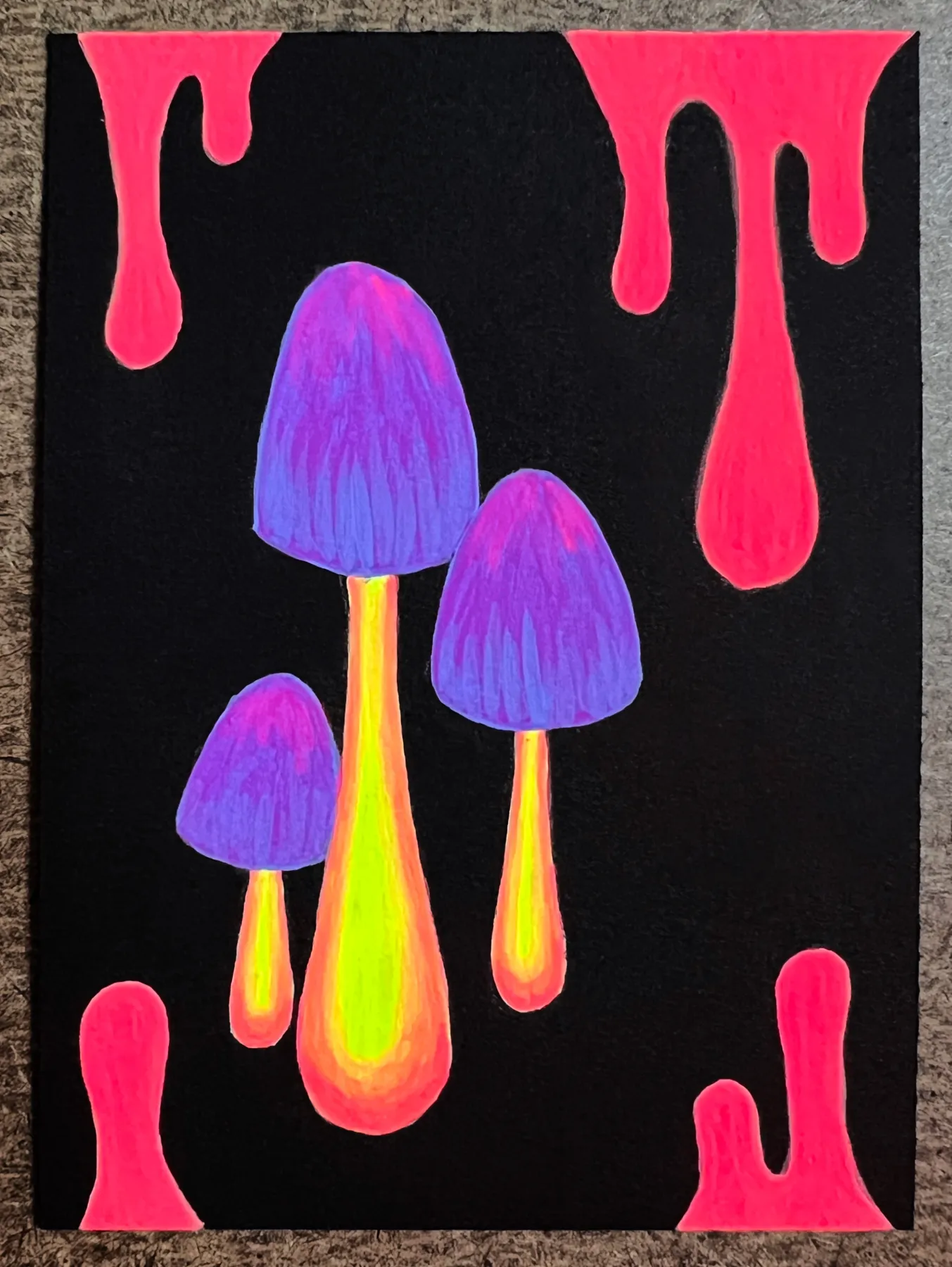 ACEO Mini Painting | Small Neon Purple Mushrooms aceo art card
