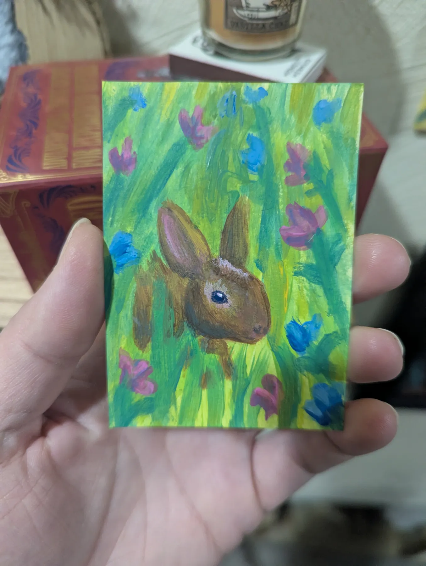Cottontail baby rabbit bunny spring flower garden aceo art card