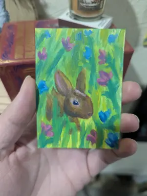 Cottontail baby rabbit bunny spring flower garden aceo art card thumbnail 1