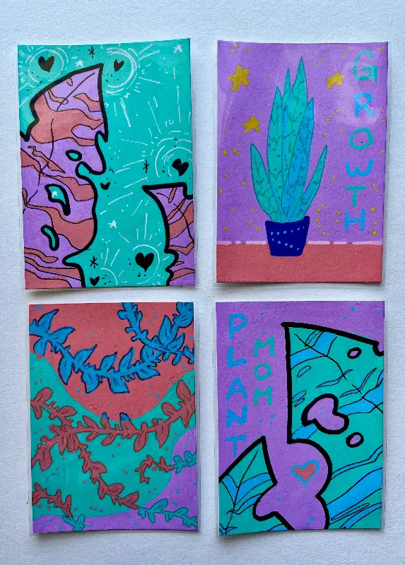 BUNDLE! neon plant lover series | acrylic marker, pen, multimedia aceo art card