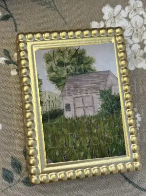 Watercolor Spring Cabin Portrait~ Lavendar, Ivy, Trees 2.5x3.5 in. SIGNED PRINT aceo art card thumbnail 1