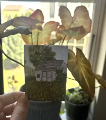 Watercolor Spring Cabin Portrait~ Lavendar, Ivy, Trees 2.5x3.5 in. SIGNED PRINT aceo art card thumbnail 2