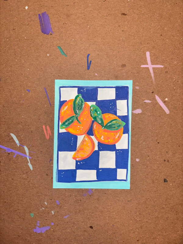 Oranges on Checkers aceo art card