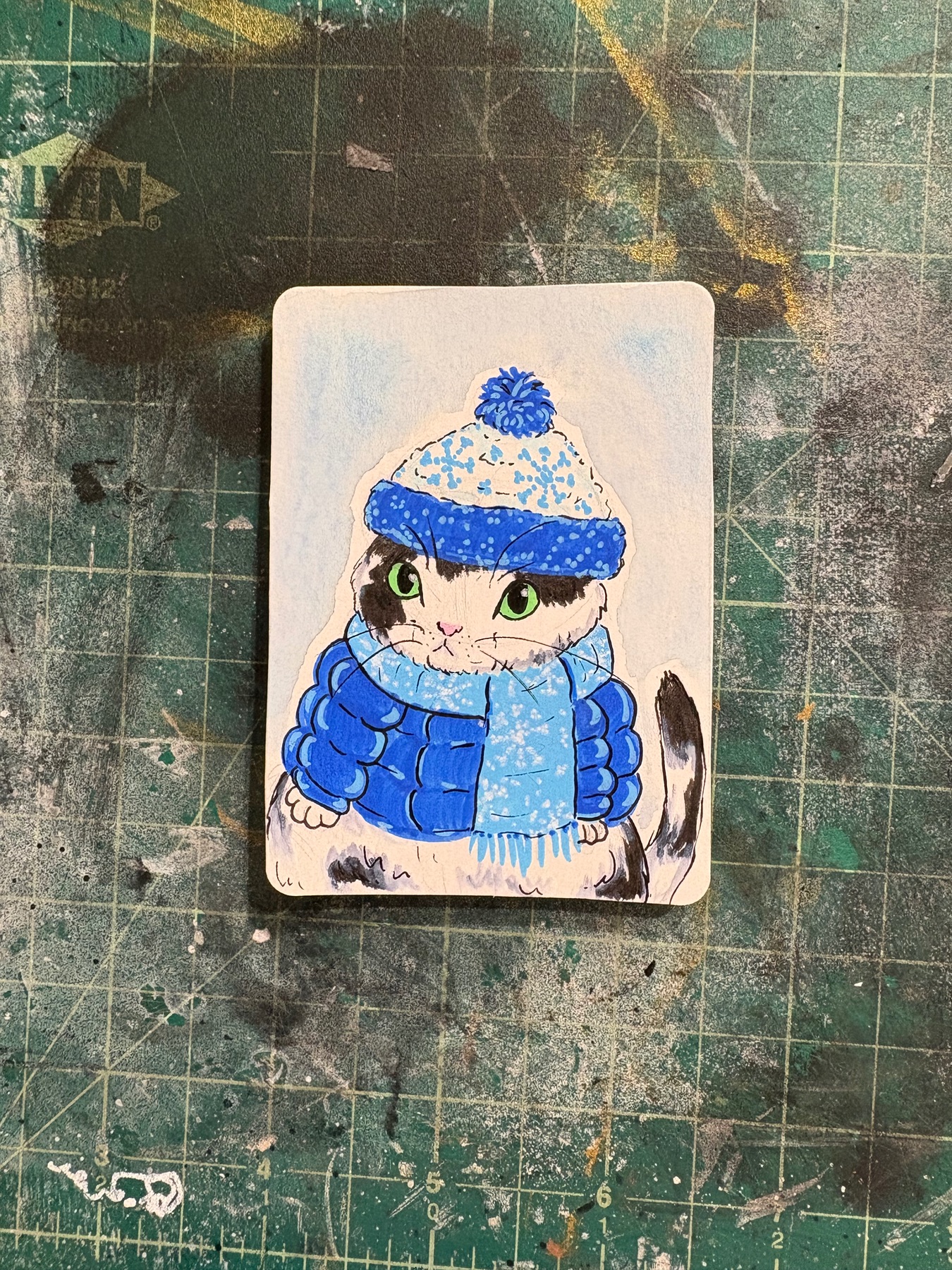 Puffer Coat Cat aceo art card