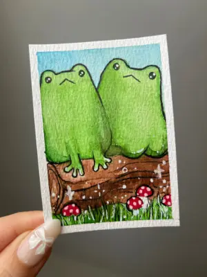 Two Frogs on a Log aceo art card thumbnail 1