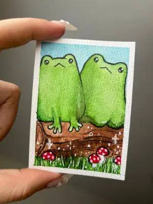 Two Frogs on a Log aceo art card thumbnail 2