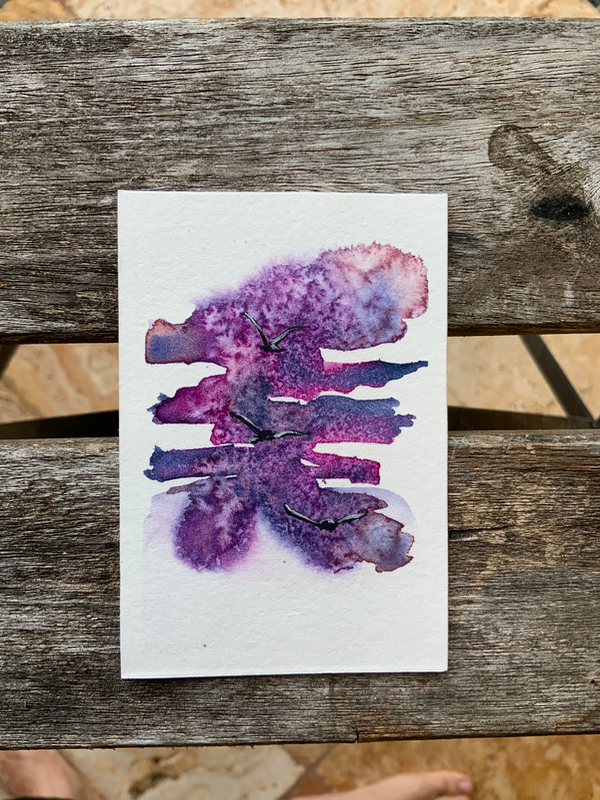 Watercolor abstract “purple sky and birds” aceo art card