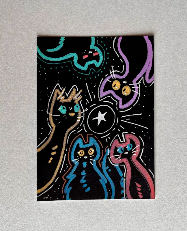 cats of many faces 2/3 | pen, marker, acrylic marker aceo art card