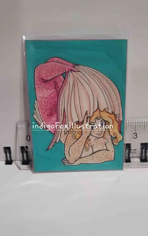 ♡ Demure ♡ N. 08 - indigoFoxillustration - mermaid merfolk fantasy ocean fish portrait sea fins pink aceo art card