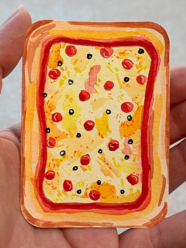 Olive pepperoni pan sheet pizza aceo art card